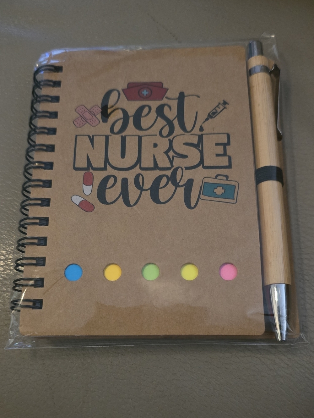 Best Nurse Ever Spiral Notebook with Pen - Kraft Brown & Colorful Dots